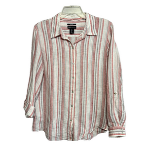 Jones New York Striped Linen Button Down Blouse Shirt Women's Size Large